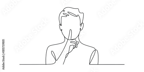 Continuous line drawing of a person with finger on lips for quiet