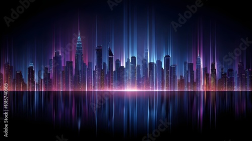 Illuminated metropolitan skyline reflects brilliantly across dark water surface during night