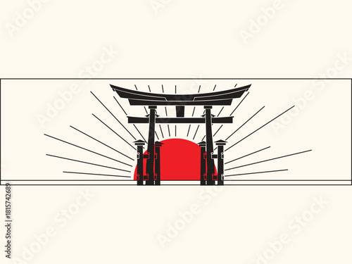 Minimalist Japanese Torii Gate Vector with Red Sun and Black Outline Elements