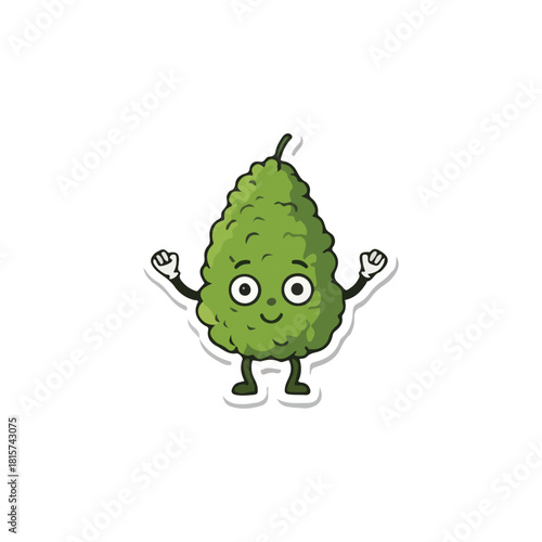 Cartoon illustration of a smiling cannabis bud character with arms raised in a cheerful pose, isolated on a white background.