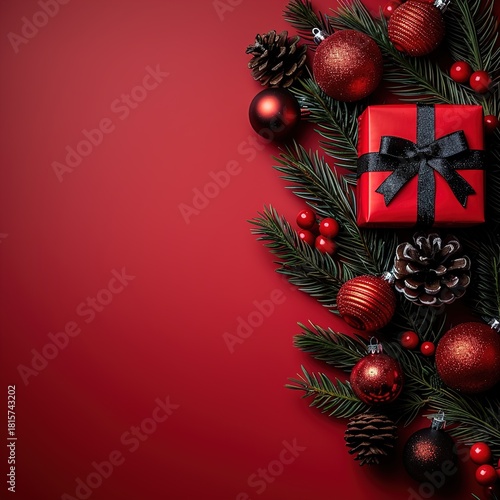 Wallpaper Mural Elegant Christmas background with gift, pine cones, and red ornaments for festive designs Torontodigital.ca