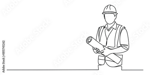 Continuous line drawing of construction worker holding blueprints.