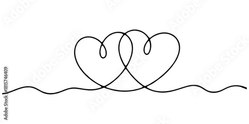 Continuous line art of two intertwined hearts, romantic love symbol