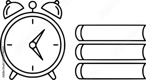 An alarm clock and a stack of books symbolize the time for learning and the "race to retrain." It is ideal for the concept of the "eternal student", the deadline and the beginning of the academic year