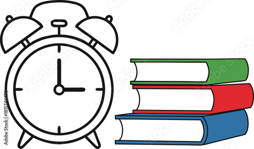 An alarm clock and a stack of books symbolize the time for learning and the "race to retrain." It is ideal for the concept of the "eternal student", the deadline and the beginning of the academic year