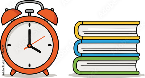 An alarm clock and a stack of books symbolize the time for learning and the "race to retrain." It is ideal for the concept of the "eternal student", the deadline and the beginning of the academic year