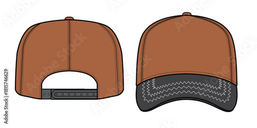 Snapback caps vector mockup template technical drawing.