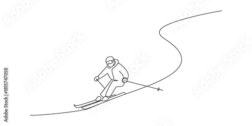 Minimalist line drawing illustration of a person skiing activity