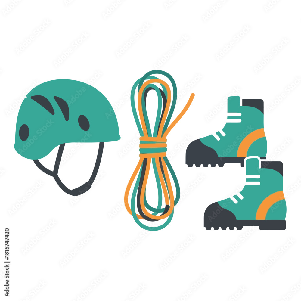 Fototapeta premium Illustration featuring essential climbing equipment, including helmet, rope, and boots.