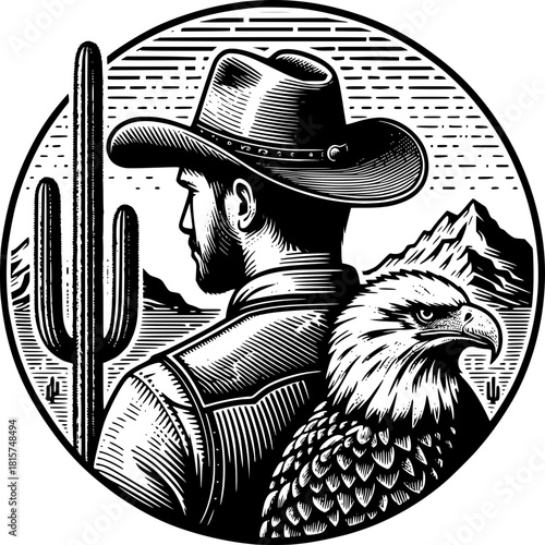 Cowboy and Eagle: A rugged cowboy stands confidently, his gaze fixed forward, beside a majestic eagle, symbol of freedom, with a cacti and mountain background