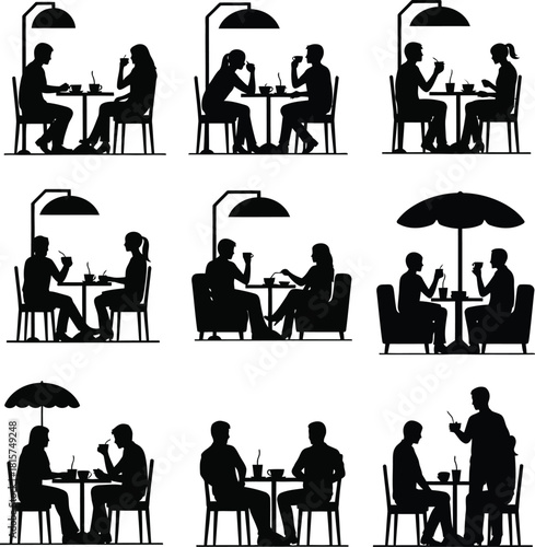 Diverse silhouettes of people enjoying drinks and conversations in cafes setting ambience