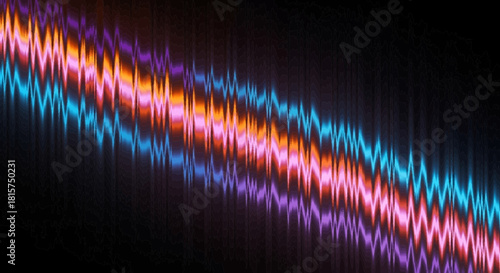 Abstract digital sound wave visualization with vibrant neon light spectrum colors against a dark background
