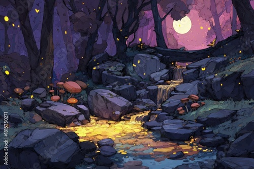 Mystical Forest Landscape At Night With Glowing Stream
