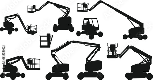 Aerial work platform silhouettes, hydraulic boom lift machines, construction equipment icons, industrial maintenance vehicles, black vector illustration set for engineering projects