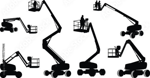 Aerial platform silhouettes, boom lift operators performing maintenance tasks, construction equipment, industrial safety operations, warehouse and building service vector illustration