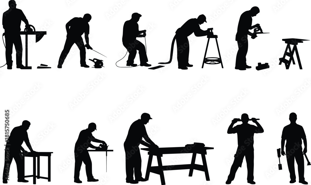 Obraz premium Carpenter worker silhouettes using power tools, woodworking workshop activities, cutting, drilling, sanding, construction labor concept, professional handyman vector illustration