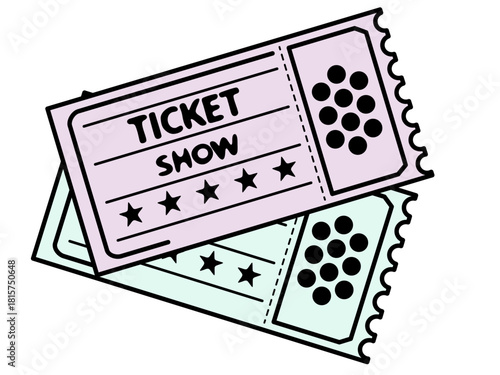 Two pastel colored show tickets with stars and perforated stubs. Voucher or pass symbol for performance event or special offer.