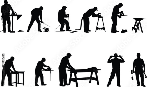 Carpenter worker silhouettes using power tools, woodworking workshop activities, cutting, drilling, sanding, construction labor concept, professional handyman vector illustration