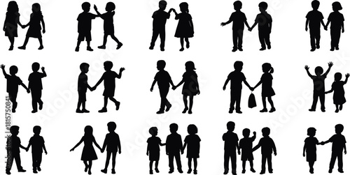 Children silhouette friends collection, kids holding hands and playing together, childhood friendship concept, family and education vector illustration design