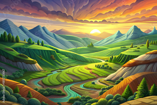 Driftless Area Wisconsin Sharp green ridges and deep valleys untouched by glaciers, with misty sunrise covering rolling hills