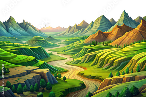 Driftless Area Wisconsin Sharp green ridges and deep valleys untouched by glaciers, with misty sunrise covering rolling hills