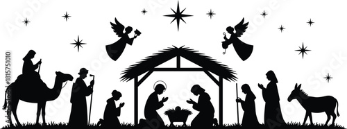 Christmas nativity silhouette illustration, holy family with baby Jesus, angels and wise men, Bethlehem star night, religious holiday background vector