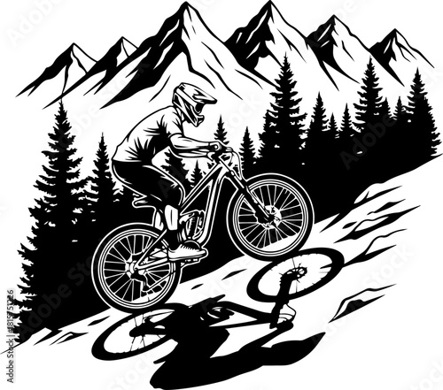 Mountain Biking Adventure Silhouette with Pine Forest and Peaks