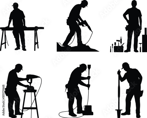 Construction worker silhouette set with power tools and equipment, industrial labor profiles for safety training, engineering, renovation and building project designs