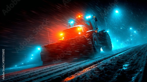 Tractor with plow on a snow muddy and icy road.