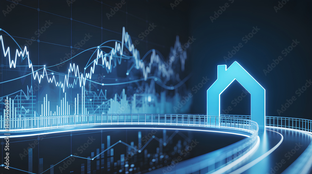 Naklejka premium Curved digital bridge to house over financial charts