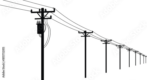 Electric utility pole silhouette with power lines perspective, infrastructure vector illustration, transmission network background isolated on white for energy concept