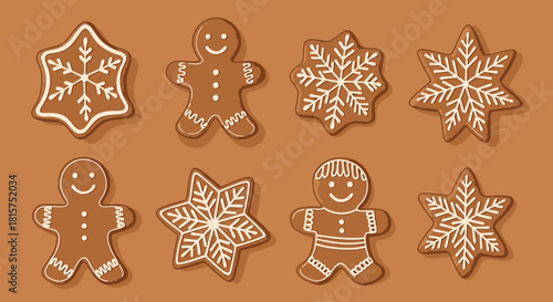 Assortment of festive gingerbread cookies decorated with white icing on a brown background, featuring gingerbread men and snowflake shapes.