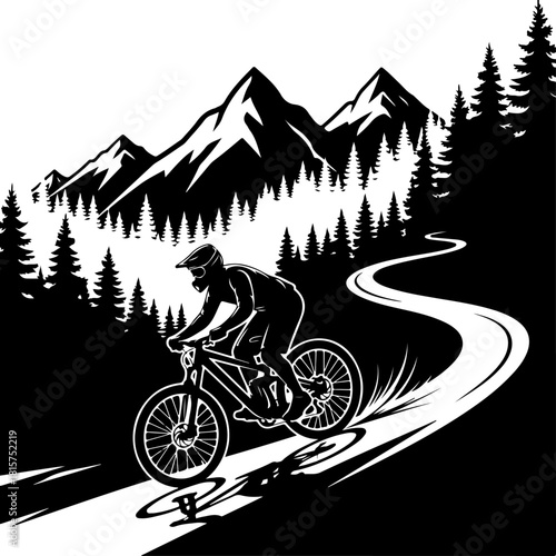 Mountain Biking Adventure Silhouette with Pine Forest and Peaks
