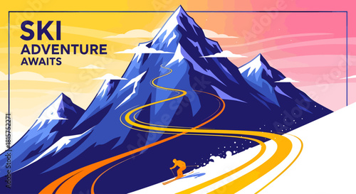 Vibrant illustration of a skier descending a mountain, with the words 'Ski Adventure Awaits'.