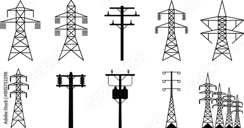 Electric transmission tower silhouettes set, power line pylons and utility poles, high voltage infrastructure collection, black vector illustration engineering grid