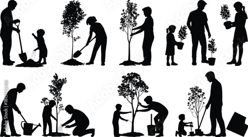 Family tree planting silhouettes, parents and children gardening together, environmental education, reforestation activity, outdoor nature care, sustainable lifestyle vector illustration