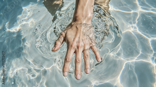 The image shows a hand emerging from clear, rippling water, with sunlight shining through, creating a pattern of light and shadow on the surface. The hand appears to be reaching out or floating in the