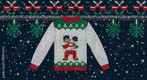 A festive ugly Christmas sweater featuring a pixelated Santa Claus character in a red suit with sunglasses, set against a snowy background with reindeer and snowflake patterns.