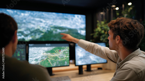 Overhead view of a city emergency operations room illuminated by glowing 911 disaster management dashboards, with planners marking evacuation routes on interactive digital geospatial maps,