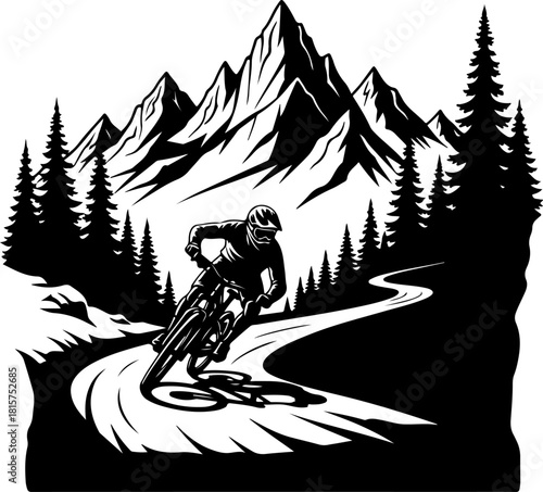 Mountain Biking Adventure Silhouette with Pine Forest and Peaks
