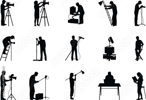 Film crew silhouettes working with camera lighting sound equipment studio production set, professional videography filmmaking behind scenes people illustration