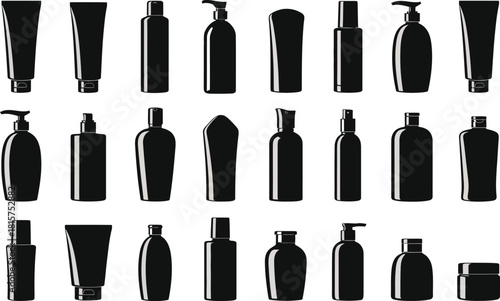 Cosmetic Packaging Bottles Silhouettes Vector Set .