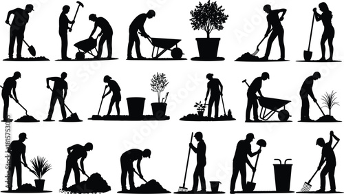 Garden workers silhouette set, landscaping tools and activities, men digging planting raking, outdoor labor icons, black vector illustration collection set