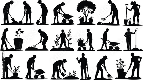 Gardening silhouette workers vector, people planting trees, raking soil, watering plants, landscaping service, gardening activities set, isolated black icons illustration