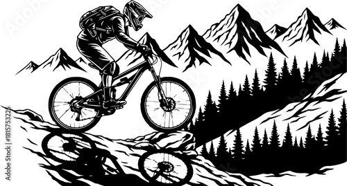 Mountain Biking Adventure Silhouette with Pine Forest and Peaks