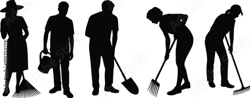 Gardening silhouette workers, garden tools silhouettes, outdoor labor, yard cleaning, teamwork, agriculture concept, black vector people, cleaning crew illustration, icons