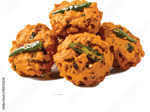 Realistic Indian Onion Pakora or Dal Bhajia Vector Illustration - Spicy Deep Fried Snack Graphic