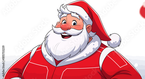A cheerful cartoon illustration of Santa Claus in his iconic red suit, smiling broadly with a white beard.