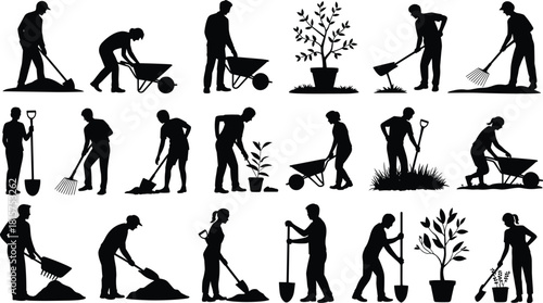Gardening worker silhouette bundle, people planting trees, digging soil, pushing wheelbarrow, raking leaves, landscaping, outdoor agriculture labor, vector icon set