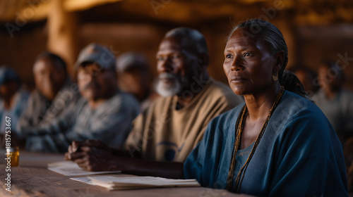 A multicultural circle of elders sitting at a long table, teaching younger generations ancestral crafts like weaving, calligraphy, and beadwork — intergenerational heritage preservation, cultural